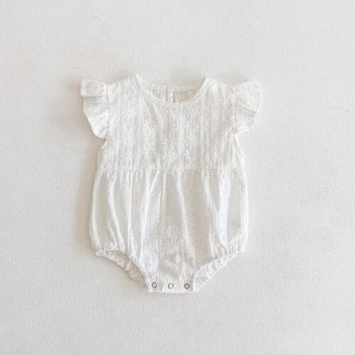 2021 Baby Girls Romper, Newborns Fly Sleeve Hollow out Embroidery Flower Round Neck Jumpsuit for Toddler