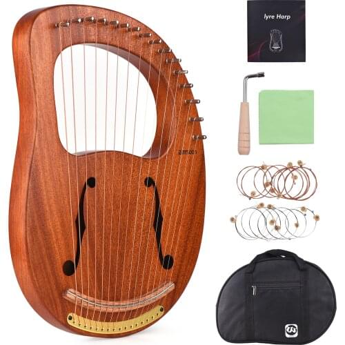 Ammoon WH-16 16-String Wooden Lyre Harp Metal Strings Solid Wood String Instrument with Carry Bag Tuning Wrench Music Book