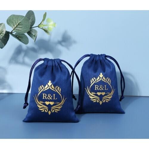 Velvet Drawstring Gift Bag Jewelry Packaging Pouches Custom Personalized Logo Navy Blue Flannel For Wedding Party Decoration