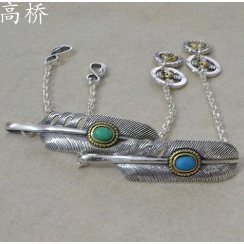 Hand Diy Creative Turquoise Takahashi Kagura goros Feather Bracelet Simple Men Women Couple Sterling Silver Bracelet Jewelry