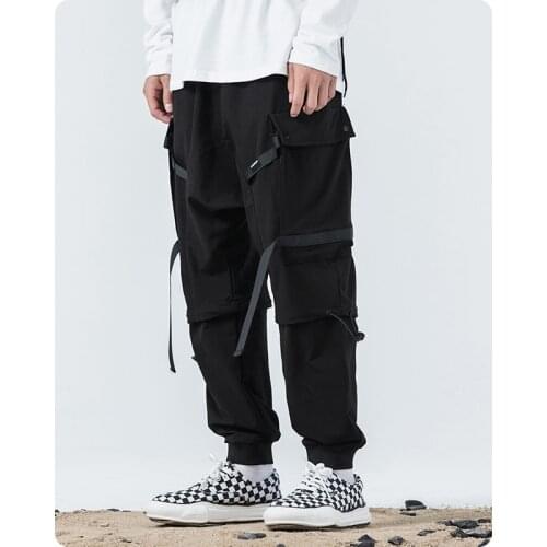Spring autumn Tooling Full Length Cargo Pants Multi Pocket Safari Style Mens clothes Harajuku Hiphop ribbon Jogger oversized
