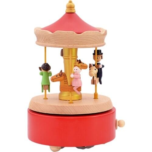 Montessori Wooden Carousel Musical Box 360 Degrees Rotating Lifting Music Case Toys for Children Christmas Birthday Gifts