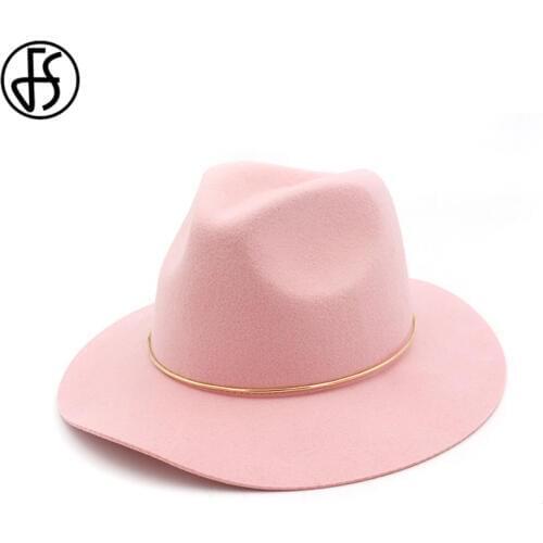 FS Spring Autumn Wool Hat Fedora Men Jazz Felt Hats Pink For Women Bowler Vintage Black Cap Trilby Chapeu Panama Sombrero Mujer