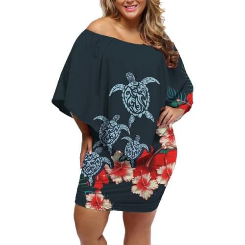 HYCOOL Women Vintage Off Shoulder Mid Dress Hawaii Flower Sleeveless Casual Polynesian Tribal Office Lady Summer Sundress