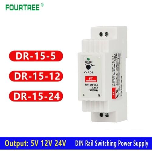 DR-15 15W Industrial DIN Rail Switching Power Supply Single Output 5V 12V 24V AC To DC Converter Power Switch Input 110/240VAC