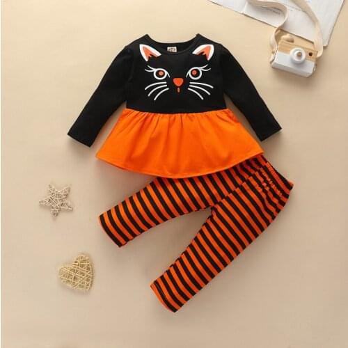 Baby Girl Halloween Clothing Set Orange Top Cat with Stripped Pants Trousers 3-18M Toddler Kids Festival Casual 2pcs Outfit