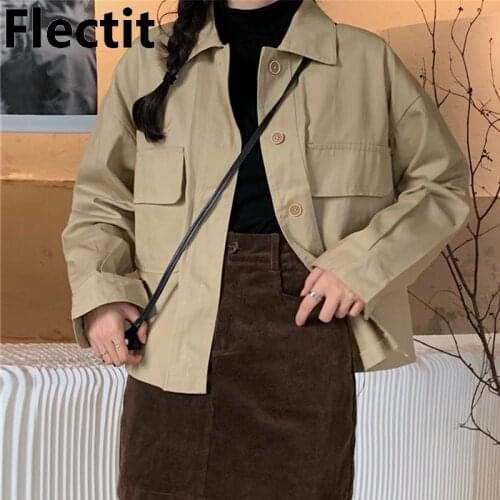 Flectit Women Crop Jacket Front Pocket Button Up Boxy-fit Wind Coat Spring Autumn Plus Size S- 3XL Female