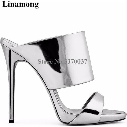 Top Brand Women Fashion Open Toe Patent Leather Thin Heel Slipper Sandals Silver Gold Slip-on Cut-out High Heel Sandals