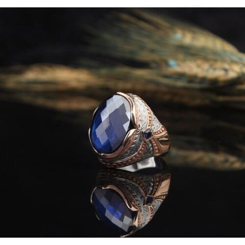 925 Sterling Silver Blue Zircon GemStone Men Silver Ring, Vintage Silver Ring For Men, Handmade Engraved Mens Ring