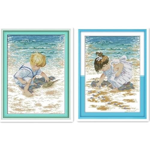 Beach Boy Little Girl Picking Shells Seaside Beauty Handmade Chinese Embroidery Cross-stitch Kit Decoration Painting