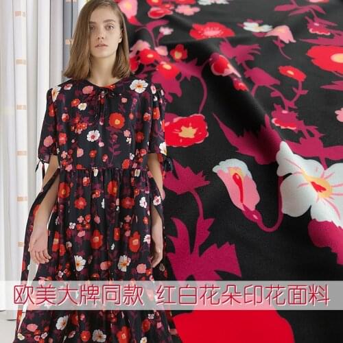 2019 new niche design black red and white flower clothing fabric printing handmade DIY fabric 145cm wide dress cloth