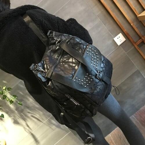 2021 New Rivet Leather Women Backpack Geometric Pattern School Backpack Spring Large Capacity Shoulder Bag Fashion Backpack