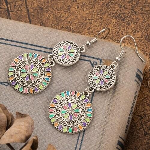 Charming Bohemian Ethnic Coloful Round Pendant Long Dangling Earrings For Wemen And Girls Ear Ornaments Wedding Party Accessory