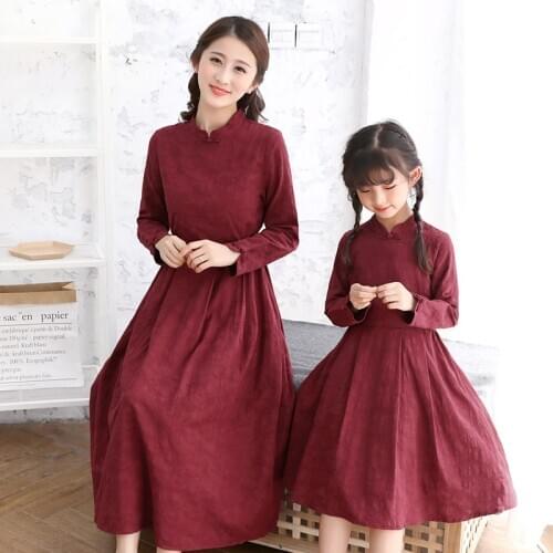 Mommy and Me Autumn Long Sleeve Chinese Style Dresses Family Matching Red Mother Daughter Retro Dress Vacation Cotton Clothes