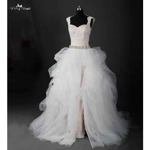 RSW848 Sexy High Splits Backless Pearls Strips Ivory Lace And Champagne Two Piece Detachable Skirt Wedding Dress