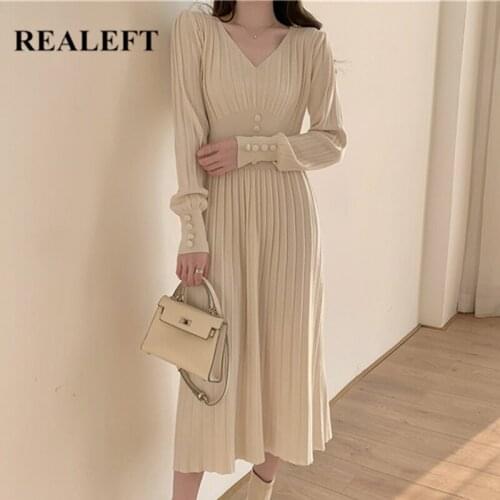 REALEFT Autumn Winter Long Sleeve Elegant Knitting A-Line Dresses Long Sleeve V-Neck Buttons Office Lady Sweater Dress Female