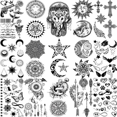 3D Henna Mandala Stars Moon Temporary Tattoos For Women Adult Girls Lion Elephant Pendant Arrow Fake Tattoo Body Art Small Tatoo