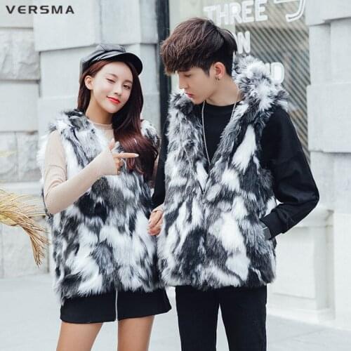 VERSMA Korean Trendy Winter Vintage Fur Vest Men Sleeveless Motorcycle Jacket Couple Streetwear Hooded Biker Waistcoat Men 5XL