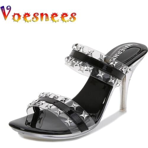 Voesnees Sexy Black Party Shoes Women Sandals 8cm Thin Heels Transparent Crystal Shiny High-heeled Sandals Rivets Roman Shoes