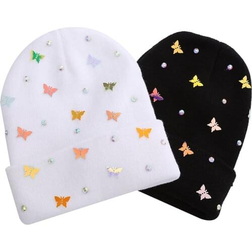 Girls Kintted Cartoon Butterfly Beanies women Winter Caps lady Warm Fur Sequins Knit Beanie Newborn Hat Fleece Crochet Caps