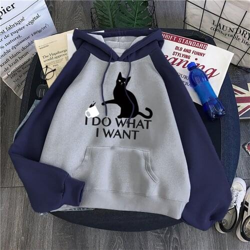 I Do What I Want Black Cat Printing Female Hoodies Harajuku Casual Hoody Unisex Oversize Sweatshirt Fashion Loose Clothes Raglan