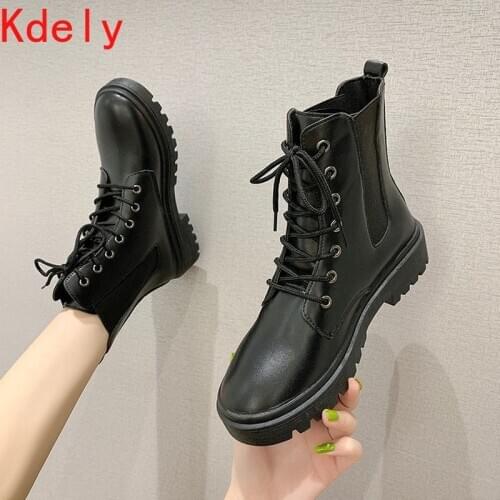 Flat Retro Motorcycle Boots Women 2021 Lace-Up Round Toe Solid Color Fashion Comfortable Ladies Shoes Kalosze Damskie
