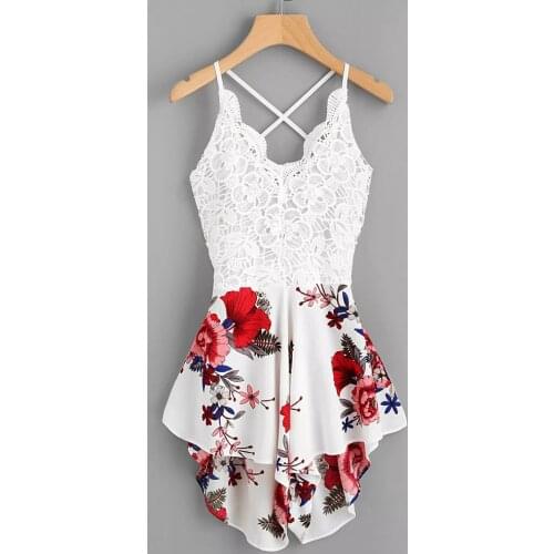 Sexy Boho Flower Print Playsuit Womens Summer Crochet Lace Panel Bow Tie Back Florals Ladies Summer Shorts Jumpsuit Rompers
