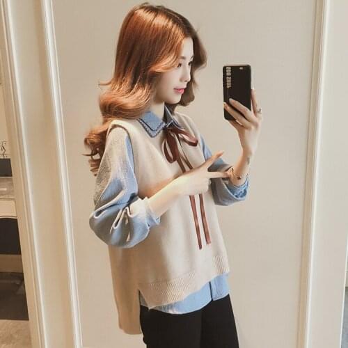 2021 Spring Autumn New Two-Piece Set Fashion Women Long Sleeve Solid Shirt Top + Casual Split Knitted Sweater Vest Suits Q852