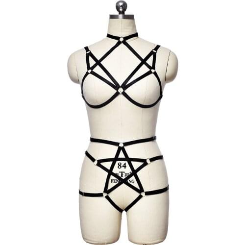 Goth Women Sexy Harness Set Harajuku Open Chest Brassiere Fashion Pentagram Bondage Body Harness Cage Lingerie
