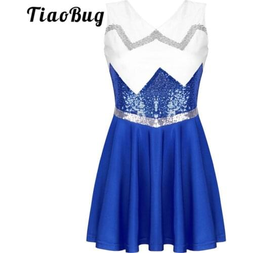 TiaoBug Women Stage Performance Cheerleader Team Jazz Dance Costume Shiny Sequins Sleeveless V Neck Flared Mini Dress Dancewear