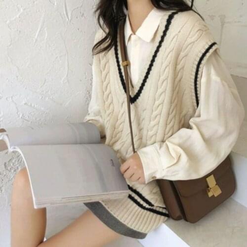 Sweater Vest Women Sleeveless Knitting Simple College Preppy Harajuku All-match V-neck Retro Spring Fall Female Teens Lady Chic