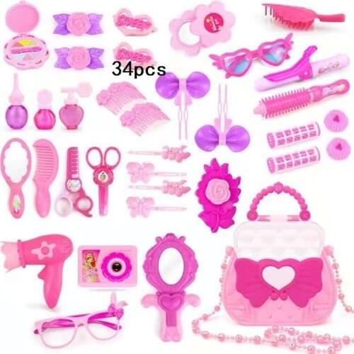 11-34 Pieces Dress Up Children Makeup Toys Pink Makeup Set Princess Hair Simulation Plastic Toy Girl Makeup Cosmetics