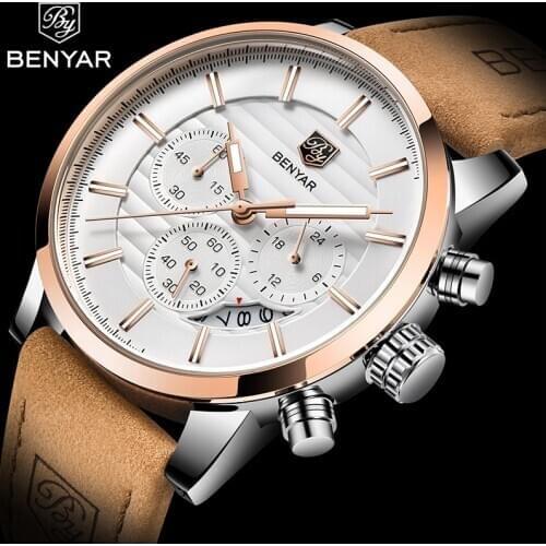 Benyar New Watches Men Luxury Brand Chronograph Men Sports Watches Waterproof Leather Quartz Mens Watch Relogio Masculino