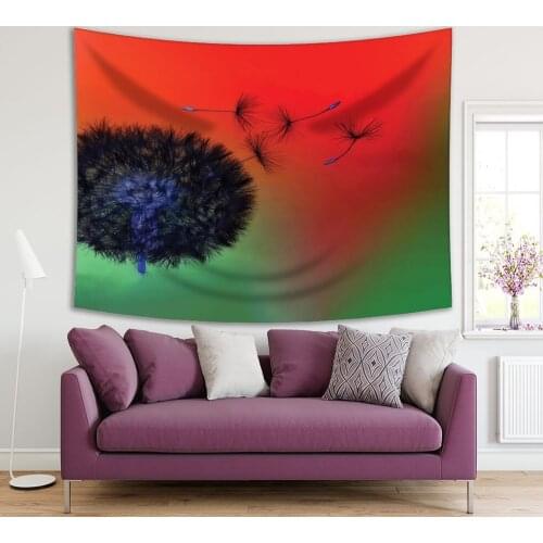 Tapestry Dandelion Seeds Flower Fly in Wind Sunny Summer Day in Wild Nature Meadow Photo Printed Green Red Blue
