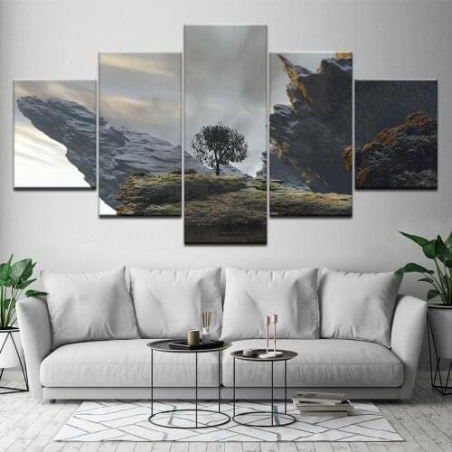 Canvas Painting The Tree on the Cliff Landscape 5 Pieces Wall Art Painting Modular Wallpapers Poster Print Home Decor