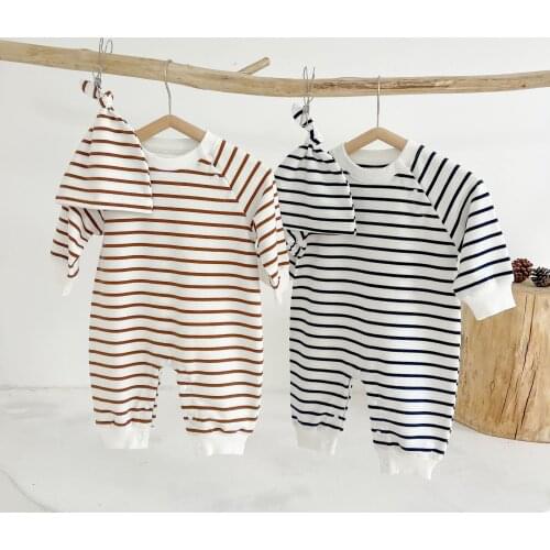 Newborn Baby Boy Rompers Infant Kids Long Sleeve Jumpsuit With Hat Cotton Toddler Girl Striped Print Romper Autumn Clothes