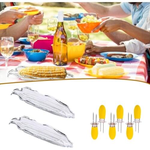 2PCS Corn Trays + 8PCS Corn Cob Holders Plastic Corn Dishes Service Tray Transparent Cob Dinnerware for Butter Corn BBQ Tools