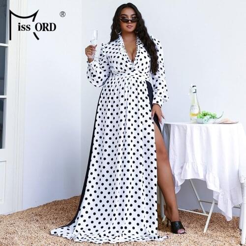 Missord 2021 Plus Size Dresses Summer Maxi Casual Elegant Deep V Neck Dot Long Sleeve Split Women Curve 4XL 3XL Vintage Dress
