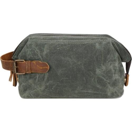 Mens Oil Wax Canvas Clutch Retro Style Top Layer Cowhide Toiletry Bag Cosmetics Bag Fashion Wrist Bag
