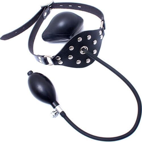 Inflatable Ball Gag Open Mouth Gag PU Leather Head Harness Bondage Silicone Gag with Lock Adult Games BDSM Sex Toys for Couple