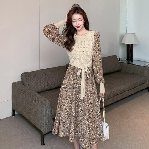 LLZACOOSH 2021 New Autumn Sweet Elegant Print Long Sleeve V-Neck Lace Up Women Korea Female Casual A Line Mini Dresses