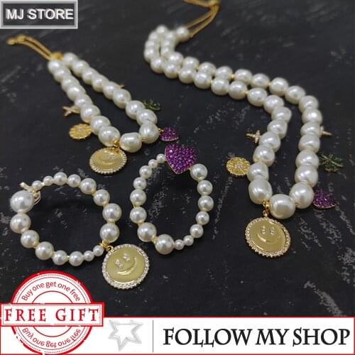 Summer The New 925 Silver Adjustable Bracelet Necklace Set Pearl Smiley Fashion Charm Luxury Brand Monaco Jewelry For Women Gift