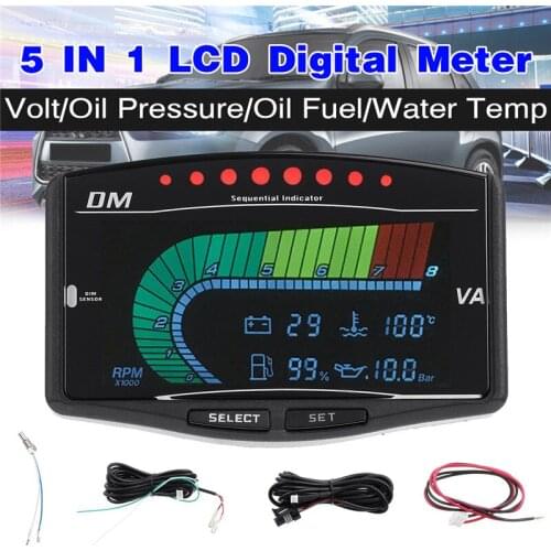 Newest 5 In 1 Universal 12v/24v Truck Car LCD Digital Oil Pressure Gauge Volt Voltmeter Water Temperature Fuel Gauge Tachometer
