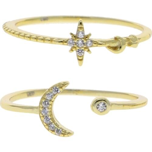 New styles 3 Colors Simple Starbrust Moon Shaped cz stone paved band ring for women lady wedding Fashion Set Of 2 Pieces jewelry
