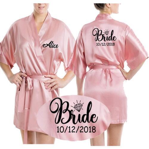 Personalized name date Mrs Satin silk Bride Robe women custom wedding date bridesmaid best gift bridal pink shower robes