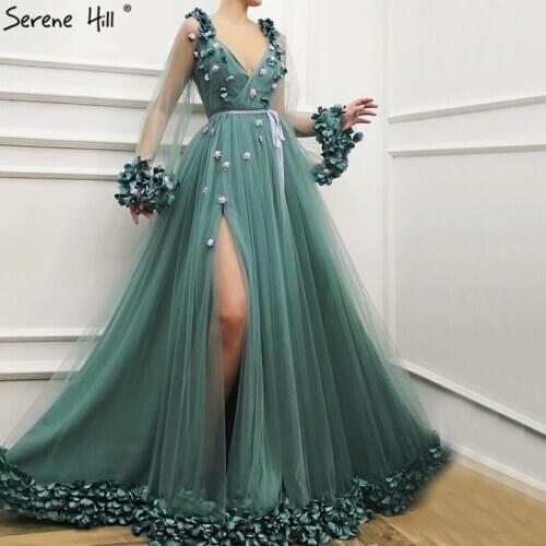 Sexy See Through Dubai Long Sleeves Green Evening Dresses 2020 Handmade Flowers V-Neck Side Slit Robe De Soiree BLA60790