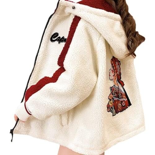 Casual Girly Style Winter High Quality Lamb Wool Hoodie Peking Opera Clothing Little Girl Coat Female Zipper Stripes Clothes