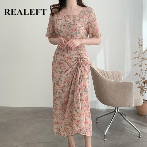 REALEFT Summer 2021 New Floral Printed Womens Long Dresses Chiffon Sqaure Collar Female Chic Drawstring Straight Beach Dress