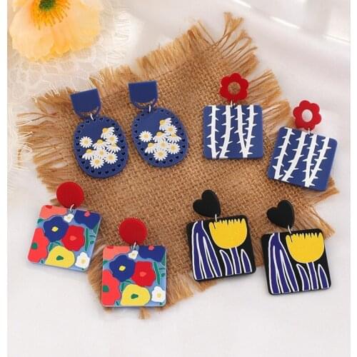 Acrylic Material Earrings Female Personality Printing Geometric Earrings Simple Retro Earrings Jewelry Cartoon Printing Jewelry