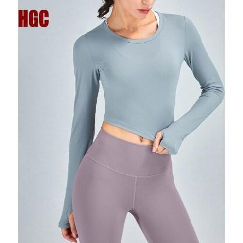 HGC Sports Top Women Naked-feel Fabric Long Sleeve Round Neck Fitness T-shirt Push-up Sexy Workout Elastic Dry Fit Yoga Blouse